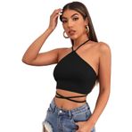 Halter Yaka Çapraz Askılı Siyah Renk Fitilli Crop Top Bluz (Siyah, M)
