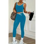 Halter Yaka Crop & V Kesim Yüksek Bel Tayt Takım Mavi S