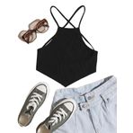Halter Yaka Sırtı Açık Çapraz Askılı Bağcıklı Siyah Renk Fitilli Crop Top Bluz (Siyah, M)
