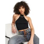 Halter Yaka Siyah Renk Fit Crop Top Bluz (Siyah, M)