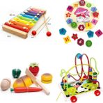Hamaha Wooden Ahşap 8 Notalı Selefon + Geometrik Saat + Helezon Oyunu + Meyve Sebze Kesme 4'lü Set - Renkli