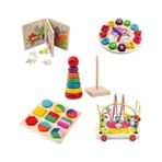 Hamaha Wooden Toys Ahşap Eğitici 5 Li Set Zeka Algı Oyunları Helezon - Puzzle - Saat - Geometrik - Renkli