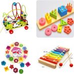 Hamaha Wooden Toys Ahşap Eğitici Oyuncak Saat + 8 Notalı Selefon + Helezon + Geometrik Şekiller 4'lü