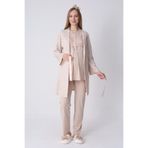 Hamile/Lohusa Pijama-Sabahlık Takımı/NefesAlan Pamuk Viskoz Kumaş/Şık Çizgili Model-3’lü Set-New3466 Pudra M Beden