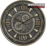Han Clock Stone Hareketli Çarklı Metal Duvar Saati - Gri - Eskitme Bronz - 60 x 60 x 8 cm