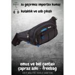 Han Plus Kulaklık ve USB Çıkışlı, Su Geçirmez Omuz ve Bel Çantası, Çapraz Askılı Freebag - Siyah