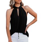 Hanaoops Kadın Tank Üstleri Yazlık Bayan Üstleri Kolsuz Yelekler Şifon Bluzlar Gömlek Günlük Halter Kravat Boyun Kaşkorse Gevşek Fit Tanklar Tees, siyah, L
