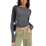 Hanaoops Kadın Uzun Kollu Tişört Yuvarlak Yaka Y2K Seksi Crop Top Basic Rahat Tek Renkli Bluz Bol Sonbahar Sweatshirt Üst Giyim Sonbahar Estetik Sokak Giyimi, Gri, S
