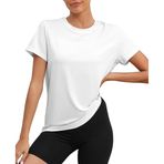 Hanaoops Spor tişört, kadın, kısa kollu, egzersiz üst giyim, yuvarlak yaka, atletik, rahat, koşu, yoga, fitness, spor tişörtü, bol spor tişörtü, standart fonksiyonel kesim, koşu tişörtü, Beyaz, L