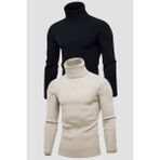 Hanclo Unisex 2’li Hazır Paket Siyah - Bej Balıkçı Yaka Kaşkorse Şardonlu Slimfit Boğazlı Kazak