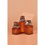 Handan Uzunoğlu by Uzunoğlu El Yapımı Özel Tasarım Çay Kahve Şeker Kavanozu - 3'lü Set - Vakumlu Ahşap Kapaklı (Kahverengi Detaylı) - Dark Amber Çizgili Cam - Mutfak ve Ev Dekorasyonu