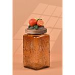 Handan Uzunoğlu by Uzunoğlu El Yapımı Özel Tasarım Kavanoz - 1000 ml - Vakumlu Ahşap Kapaklı (Portakal Detaylı) - Medium Amber Çiçekli Kare Cam - Mutfak ve Ev Dekorasyonu