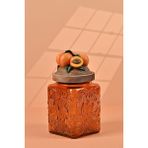 Handan Uzunoğlu by Uzunoğlu El Yapımı Özel Tasarım Kavanoz - 700 ml - Vakumlu Ahşap Kapaklı (Kayısı Detaylı) - Dark Amber Çiçekli Kare Cam - Mutfak ve Ev Dekorasyonu