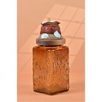 Handan Uzunoğlu by Uzunoğlu El Yapımı Özel Tasarım Tuz Baharat Kavanozu - 1000 ml - Vakumlu Ahşap Kapaklı (Kahverengi Detaylı) - Medium Amber Çiçekli Cam - Mutfak ve Ev Dekorasyonu