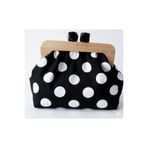 handedizayn Siyah Beyaz Puantiyeli Ahşap Burslu Zincir Askılı Clutch Omuz Çantası