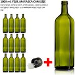 Handelika 12 adet x 1000 ml Yeşil Maraska Yağdanlık,Sosluk, Sirkelik -Drop Kapaklı Köşeli Cam Şişe - 1 lt