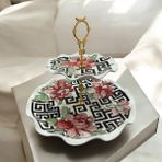 Handmade Çini Katlı Servis Tabağı Yuvarlak Fırfır Kenar Çiçek Dama Desen - HANDMADE ÇİNİ FIRFIR KENAR YUVARLAK KATLI SERVİS TABAĞI ÇİÇEK DESEN ÇİNİ SUNUMLUK
