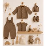 Handmade El Örgüsü 5’li Bebek Seti Kahverengi Hırka Tulum Şapka Patik Yelek Takımı 6-12 Ay - 6 - 12 Ay