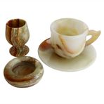 Handmade Oniks Doğal Taş Dekoratif Set, Fincan Tabağı, Kadeh ve Kül Tablası, El İşçiliği Mermer Desenli Masa Süsü, 3 Parça (Oval Küllük)