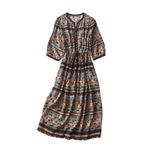 HangErFeng Geyik Baskı İpek Midi Elbise Kadın Günlük Bohem Stil Gri 5063, Geyik Motifi, XL