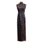 HangErFeng İpek Cheongsam Antik Shu Desen Xiangyunsha Stand Yaka Kolsuz Yan Bölünmüş Elbise 5003, İmparatorluk Camgöbeği ve Antik Bronz Motif, XXL