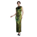 HangErFeng Kadın Ağır İpek Cheongsam Kolsuz Xiangyunsha Elbise Mürekkep Yıkama Şerit Ayak Bileği Uzunluğu 3997, Zümrüt Soyut Brushstroke, XXL