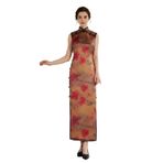 HangErFeng Kadın Ağır İpek Qipao Elbise El İşi Xiangyunsha Kolsuz Cheongsam Hibiscus Baskı Midi 5015, Pembe, 3XL