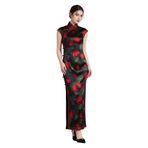 HangErFeng Kadın Ağır İpek Xiangyunsha Cheongsam Kırmızı Gül Baskı Kap Kol Qipao Elbise 3992, Gece Yarısı Kızıl Gül, L