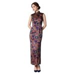 HangErFeng Kadın İpek Cheongsam Hua Luo Xiangyunsha Jakarlı Kolsuz Qipao Elbise 5000, Antik Menekşe Bloom, XL