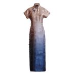 HangErFeng Kadın İpek Cheongsam Ombre Manzara Jakarlı Yan Açılış Qipao Elbise 5001, Slate Ombre'ye Yaldızlı Şampanya, XXL