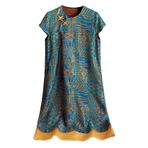 HangErFeng Kadın İpek Elbise Patchwork Baskı Kap Kol A Line Midi Elbise 5084, Teal Bronz Mozaik, L