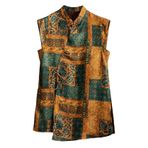 HangErFeng Kadın İpek Gömlek Patchwork Baskı XiangYunSha Stand Yaka Kap Kollu Asimetrik Placket Üst 605, Zümrüt & Antik Altın Goblen, S