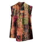 HangErFeng Kadın İpek Hua Luo Gömlek XiangYunSha Patchwork Çiçekli Asimetrik Kap Kollu Bluz 606, Kızıl ve Bronz Mozaik, M