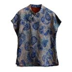 HangErFeng Kadın İpek Jakarlı Gömlek Mavi Paisley Standı Yaka Üst Klasik Kısa Kollu Zanaatkar Bluz 600, Vintage Azure Mirası, M