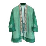 HangErFeng Kadın İpek Organza Şeffaf Hırka İşlemeli Bulut Dikişsiz Geniş Kollu Kravat Ön Bluz 611, Zümrüt Ethereal Yıkama, XL