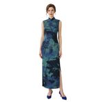 HangErFeng Kadın İpek Qipao Elbise Xiangyunsha Kolsuz Cheongsam Yaz Lotus Baskı Ayak Bileği Uzunluğu Elbise 5013, Mavi, XL