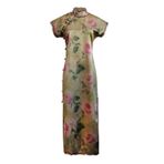 HangErFeng Kadın İpek Xiangyunsha Cheongsam Qipao Gül Baskı Dalga Yaka Geleneksel Çin Elbise 5011, Bej, M
