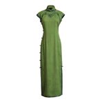 HangErFeng Kadın İpek Xiangyunsha Cheongsam Qipao Yeşil Şakayık Jakarlı Geleneksel Çin Elbisesi 5007, Yeşil, M