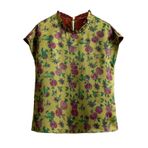 HangErFeng Kadın İpek Xiangyunsha Gömlek Hua Luo Dikişsiz Kollu Ruffled Boyun Nar Bluz 616, Vintage Yeşim Botanik, L