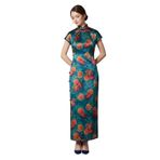 HangErFeng Kadın İpek Xiangyunsha Şakayık Cheongsam Yarık Ağır İpek Qipao Elbise 5005, Peacock Teal & Coral Şakayık, L