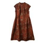 HangErFeng Kadın Russet İpek Xiangyunsha Elbise Çiçekli Jakarlı A Line Cap Sleeve Cheongsam Stil Elbise 5091, Kahverengi, XXL