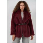 Hanka Kadın Geniş Yaka Kuşaklı Kürklü Oversize Bordo Kaban - 42