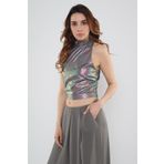 Hanna's by Hanna Darsa Kadın Gri Varak Hologram Baskılı Kolsuz Kısa Bluz