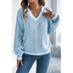 Hanope Kadın Şeritli V Yaka Örgü Desenli Triko Kazak Bebe Mavisi - XL
