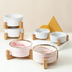Hanyang Pembe 1800 ml Seramik Hayvan Mama Kabı 1800 ml Büyük Kapasiteli Büyük Köpekler Içme Yeme Kaseleri Kedi Çift Gıda Su Besleme Besleyiciler Bambu Standı ile (Yurt Dışından)