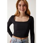 Happines İst. AN00176 Siyah Kare Yaka Fitilli Crop Kadın Örme Bluz