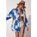 Happiness İst. BH00381 Kadın Bej Mavi Desenli Keten Viskon Kimono