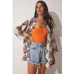 Happiness İst. BH00381 Kadın Bej Oranj Desenli Keten Viskon Kimono