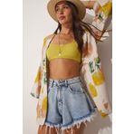 Happiness İst. BH00381 Kadın Bej Sarı Desenli Keten Viskon Kimono