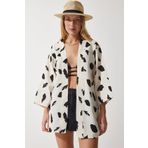 Happiness İst. BH00381 Siyah Bej Desenli Keten Viskon Kadın Kimono